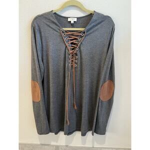 Umgee USA Gray Women’s Top Sz L. Lace-up Front W/ Brown Lace-upper